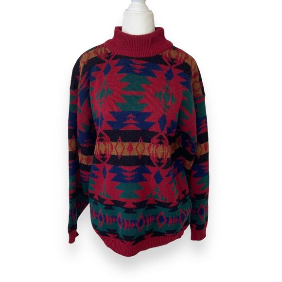 Vintage 90s Aztec Print Red Sweater - Picture 1 of 7